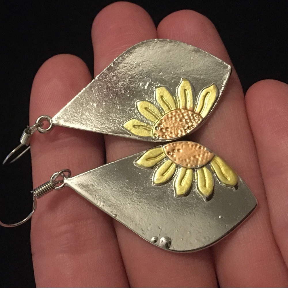 Sunflower Silver Tone Dangle Earrings - Picture 4 of 8